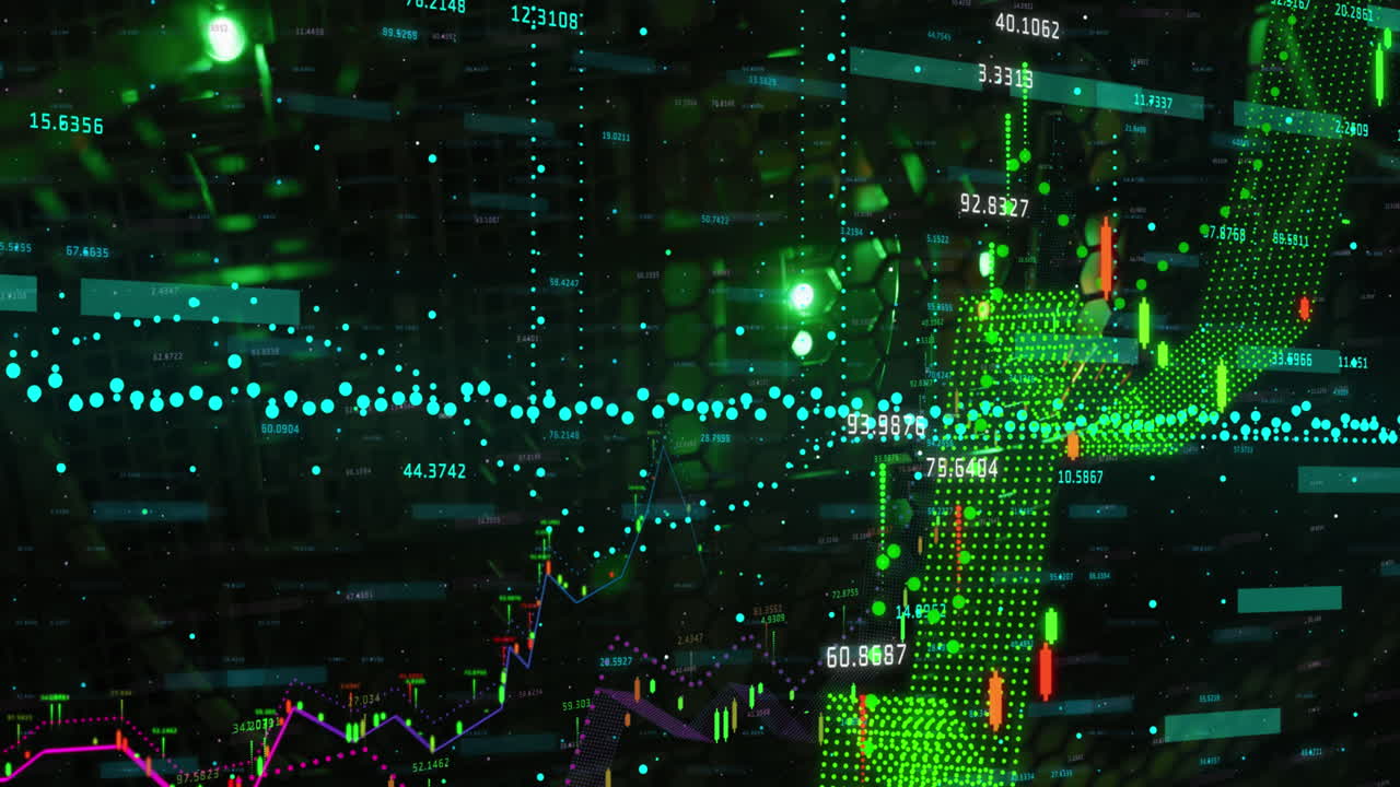 Animation of data processing over green lights of computer servers