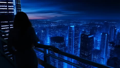 Silhouette on a Balcony Overlooking a Futuristic Blue-Lit Cityscape at Night