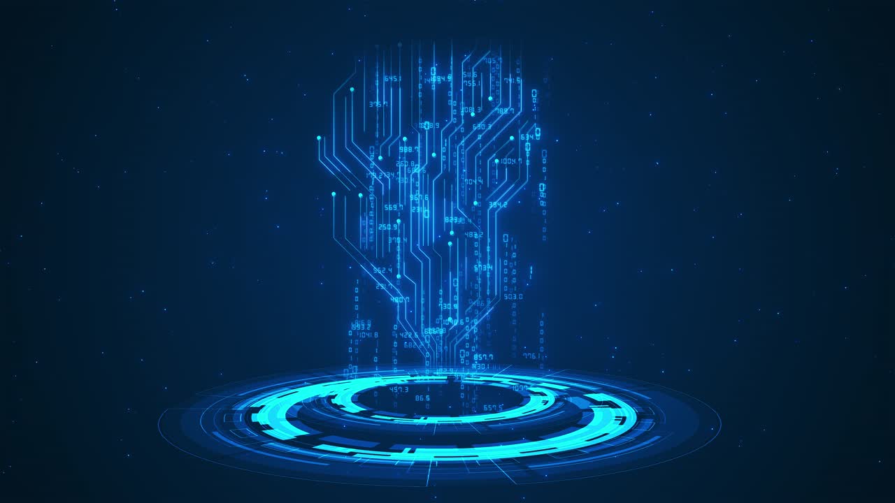 Futuristic hud animation glowing circular interface digital particles vertical circuits illustrates