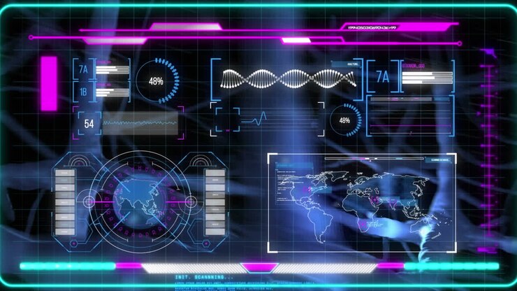 Animation of dna strand and neurons over data processing on black background