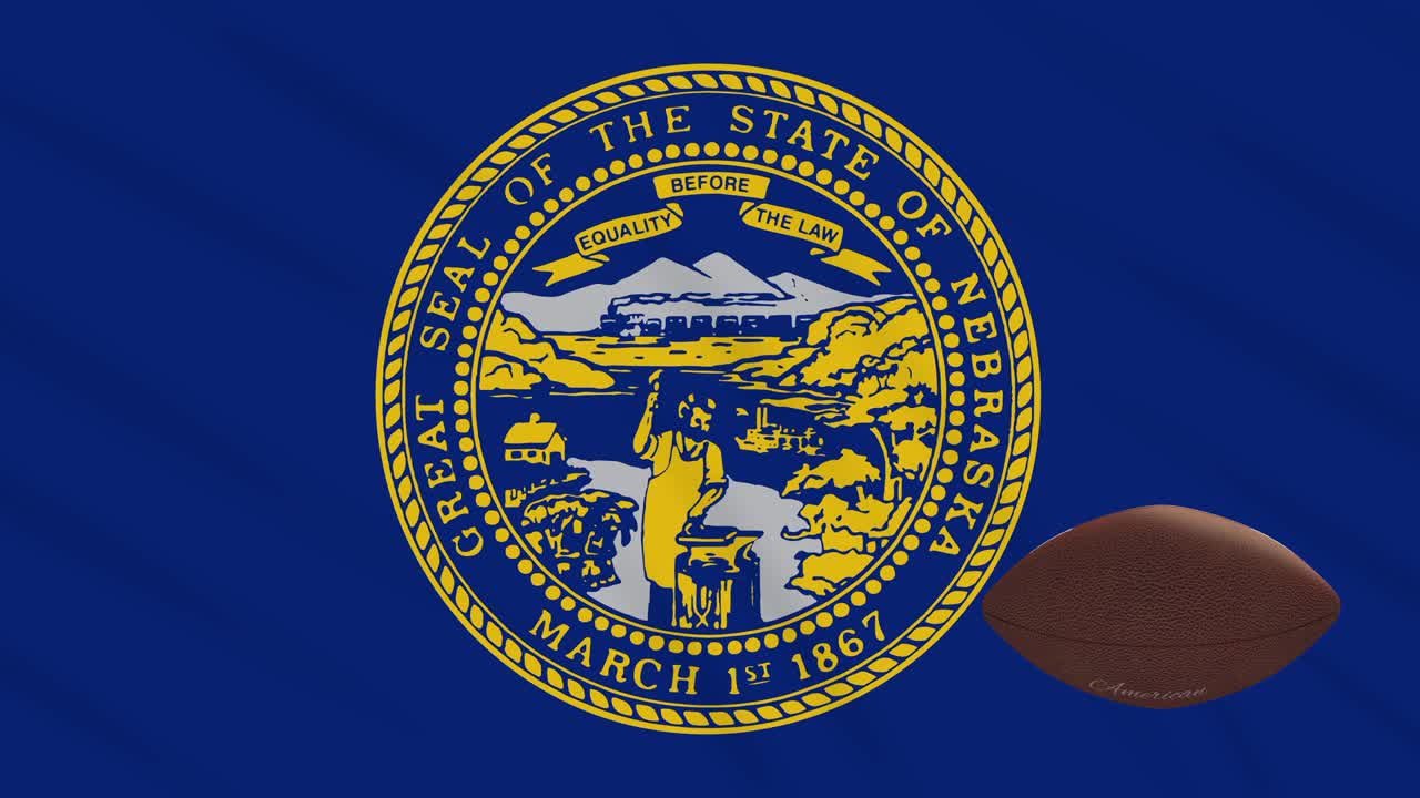 Nebraska flag waving and american football ball rotates, loop