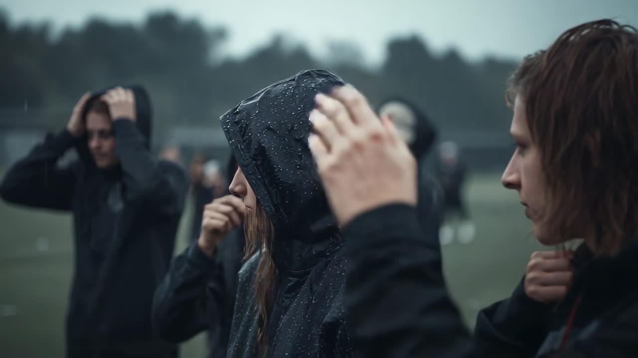 Una donna si sistema, stringendo il cappuccio, mentre i suoi compagni alzano le mani su un campo sportivo sotto la pioggia, tutti con impermeabili.