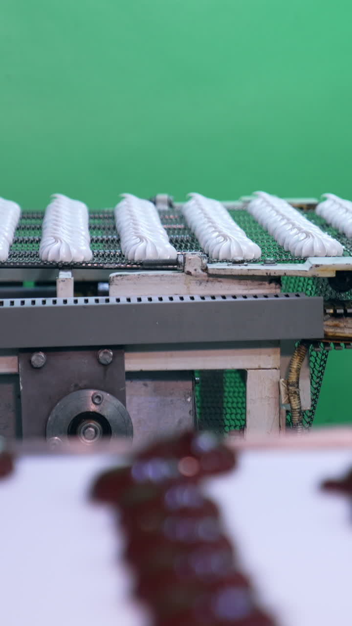 Automated line for production sweet desserts at food factory. Conveyor belts with white marshmallows and those covered with chocolate. Vertical video