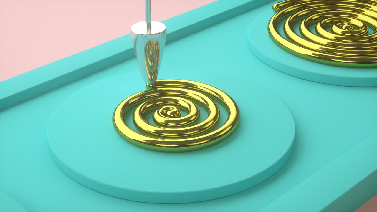 컨베이어에 황금 나선형을 만드는 기계: 트렌디한 색상으로 재미있는 추상적인 모션 그래픽, 루핑 애니메이션, 3d 렌더링