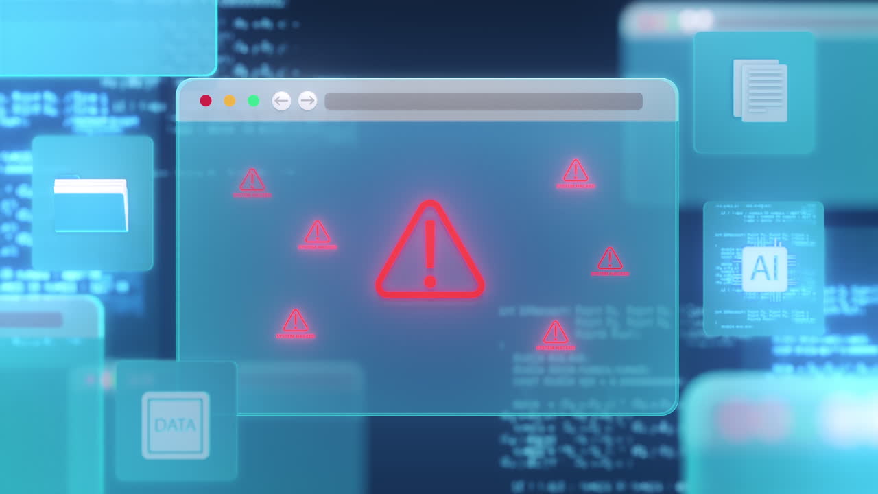 Cybersecurity alert concept showing system warning symbols in browser window interface, representing hacking threats, data breaches, and internet security issues in digital environments