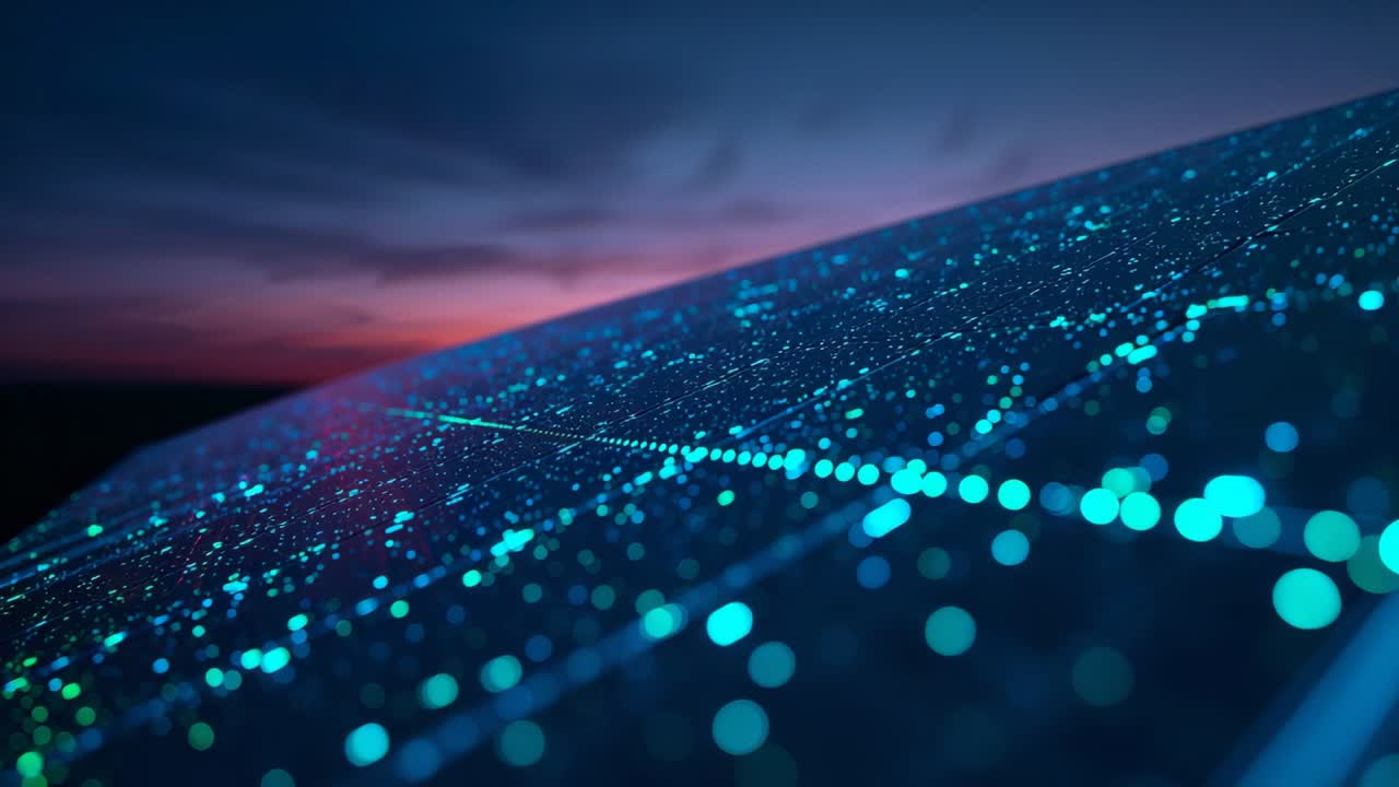 At start moving camera tilting upward revealing grid expanse over dusk sky, pulsing turquoise nodes