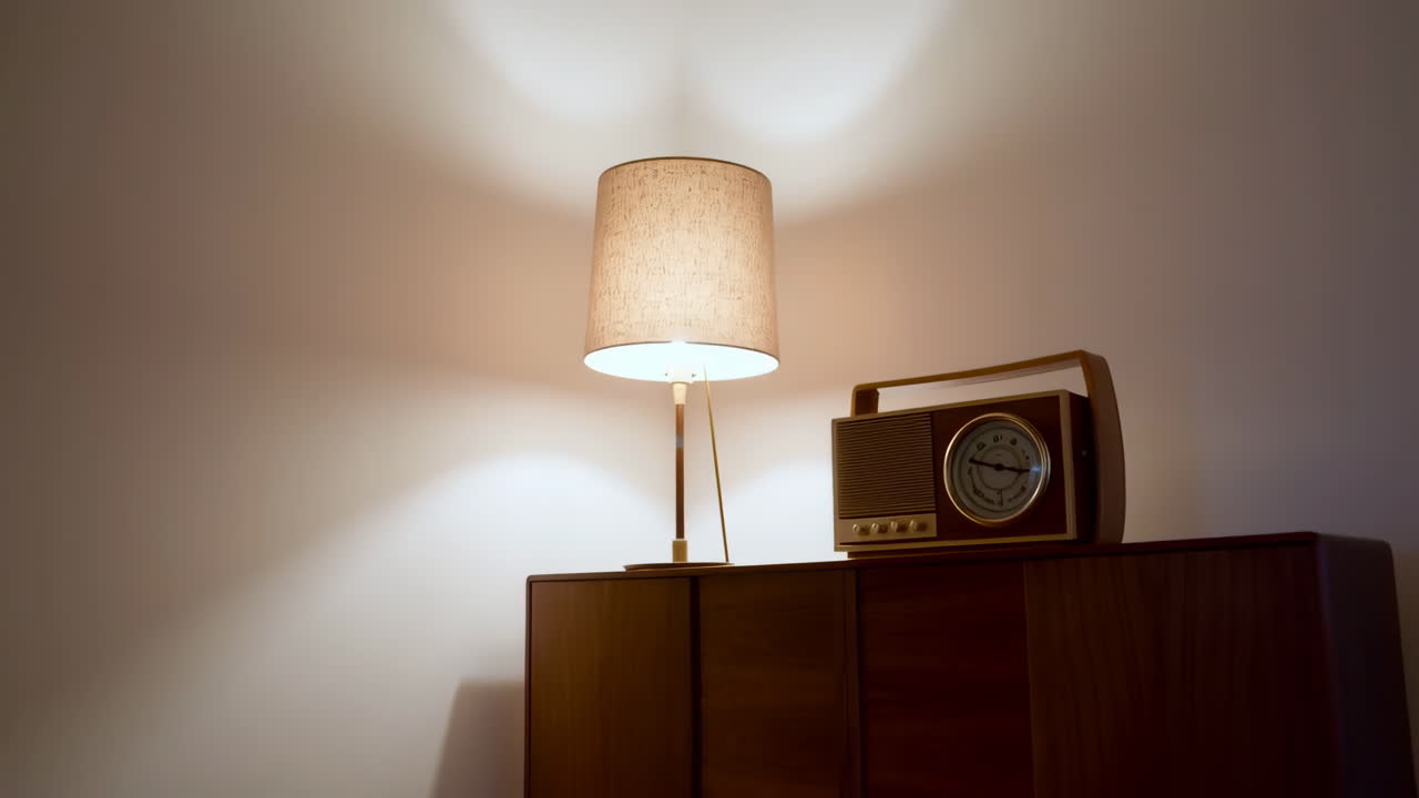 Vintage radio and lamp on a wooden cabinet