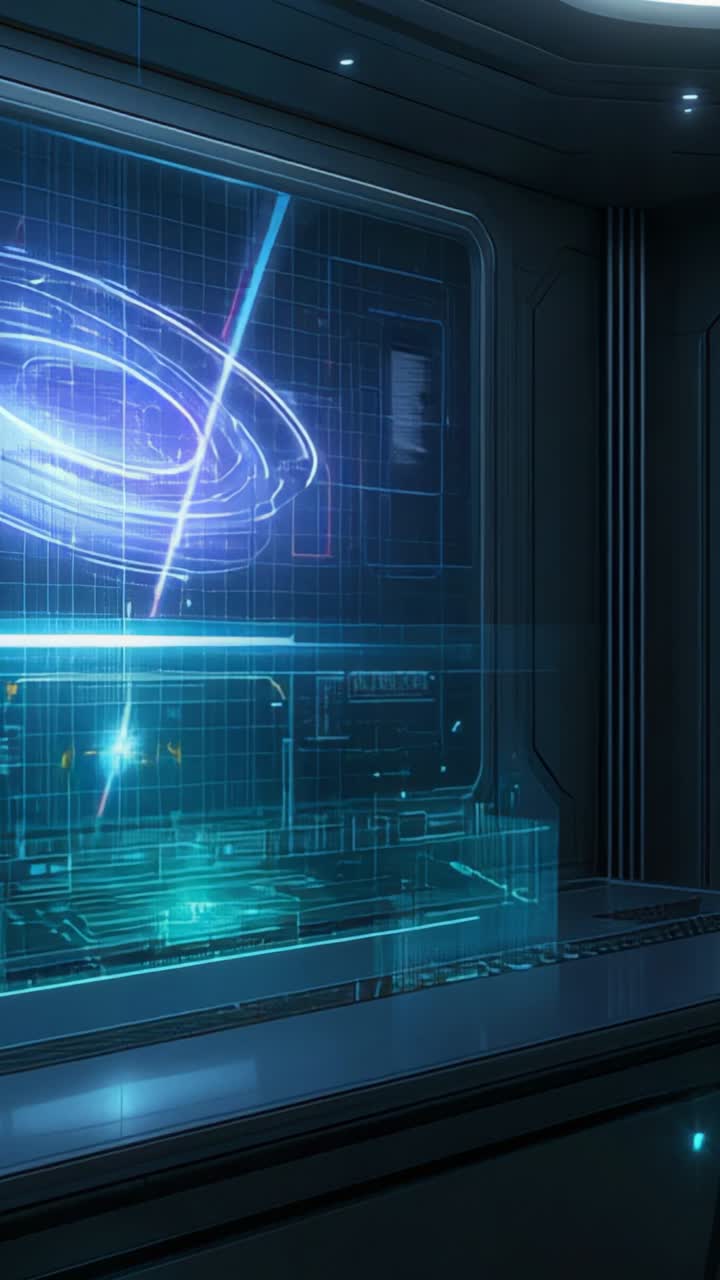 Vertical video: Holographic spiral display activating on console glow on bridge, with vertical beam