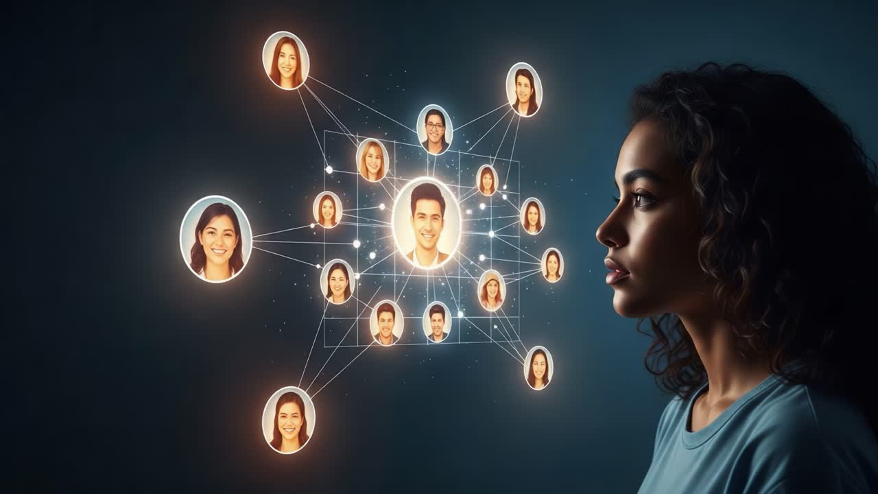 Exploring Connections: A Deep Dive into Social Networks Illustrated Through Profiles and Relationships Represented by a Thoughtful Woman in a Dark Setting