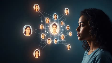 exploring connections: a deep dive into social networks illustrated through profiles and relationships represented by a thoughtful woman in a dark setting