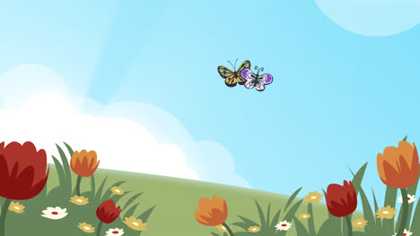 prado de primavera con mariposas y tulipanes