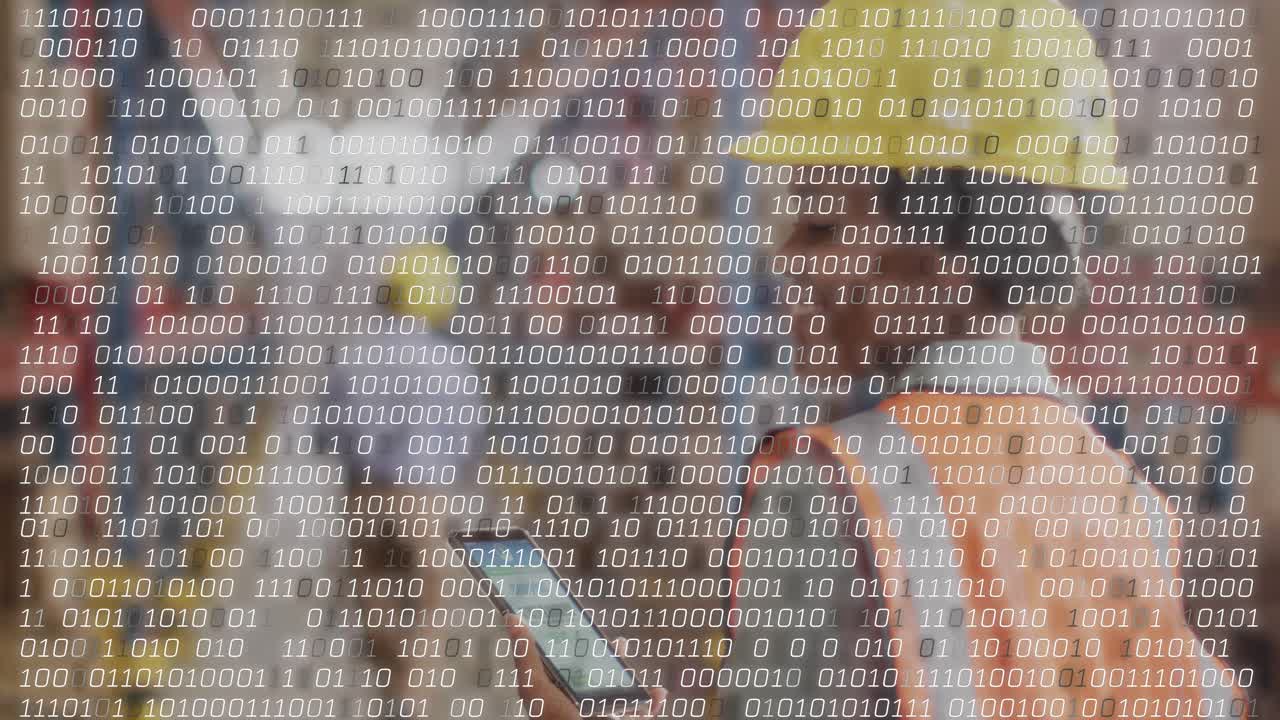 Female logistics worker tapping phone, updating stock, causing 0 or 1 overlay as coworker walking aw