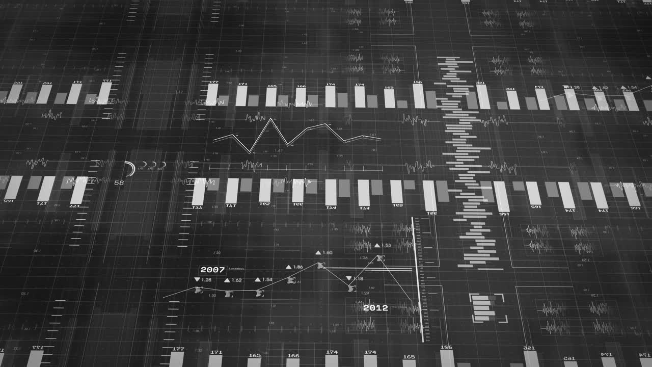 Animation of diagrams with numbers and data processing on black background