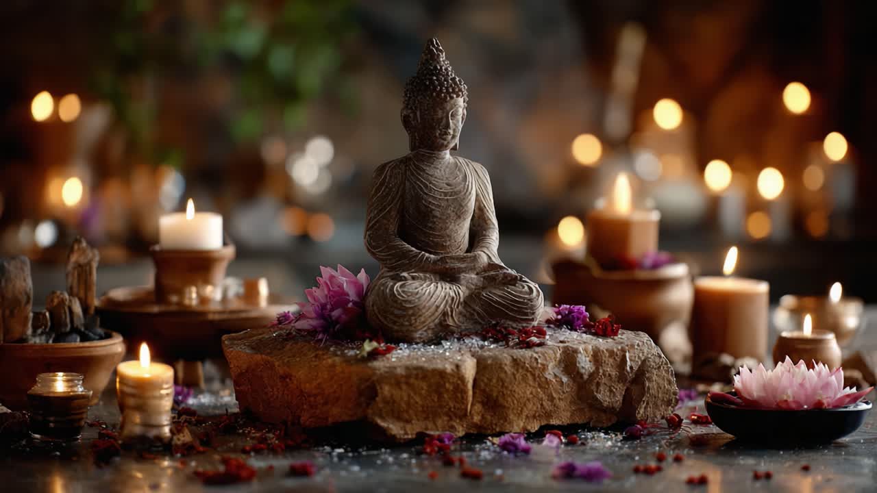 Una Statua di Buddha Serena Circondata da Calda Luce di Candela e Pacifiche Composizioni Floreali, Creando un'Atmosfera Tranquilla per Meditazione e Riflessione