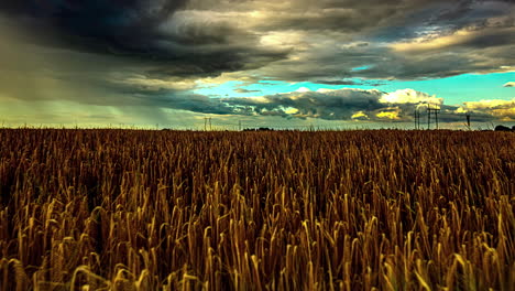 storm clouds gather and rain over farmland fields - low angle time lapse