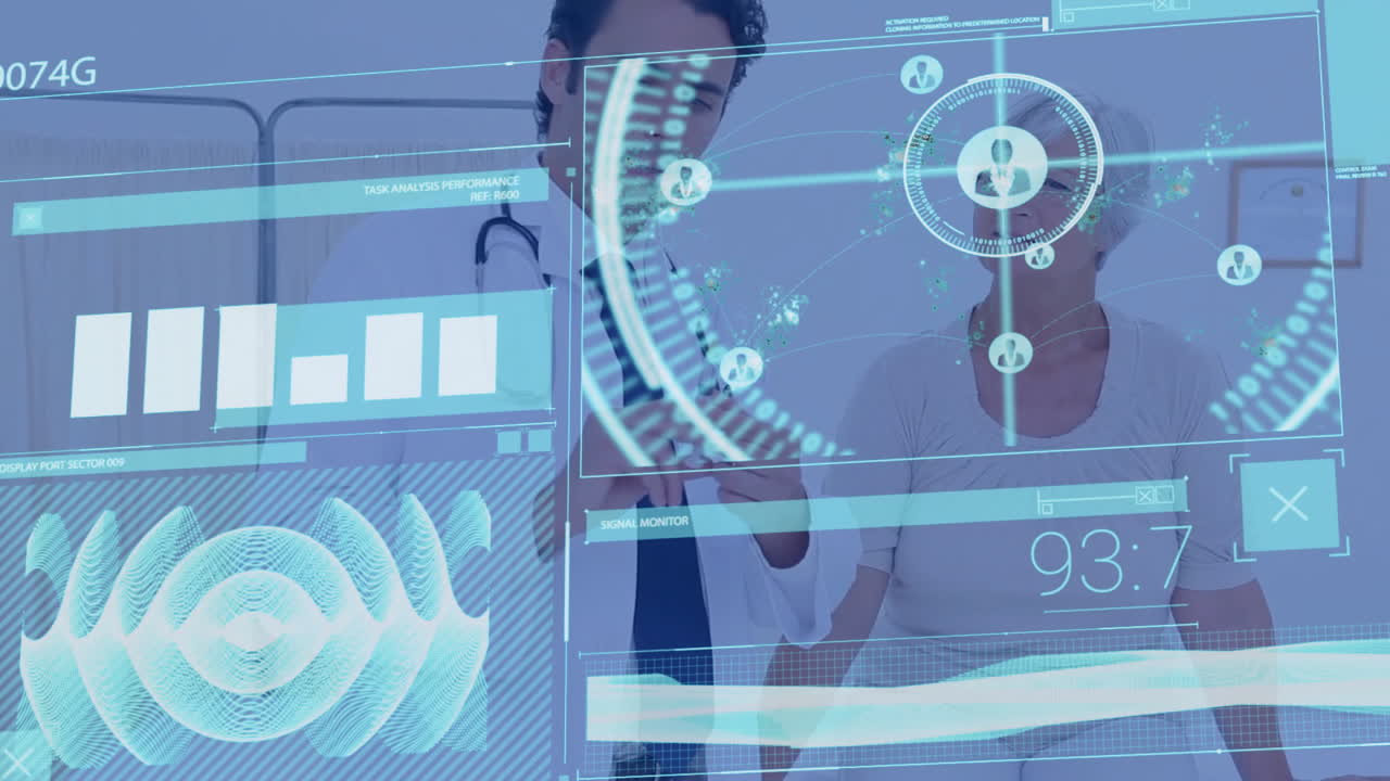Doctor and patient reviewing medical holographic charts in clinic, with data streams floating