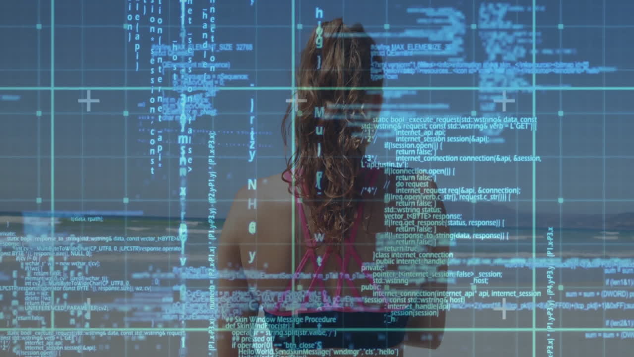 Woman on beach with digital code and data overlay animation