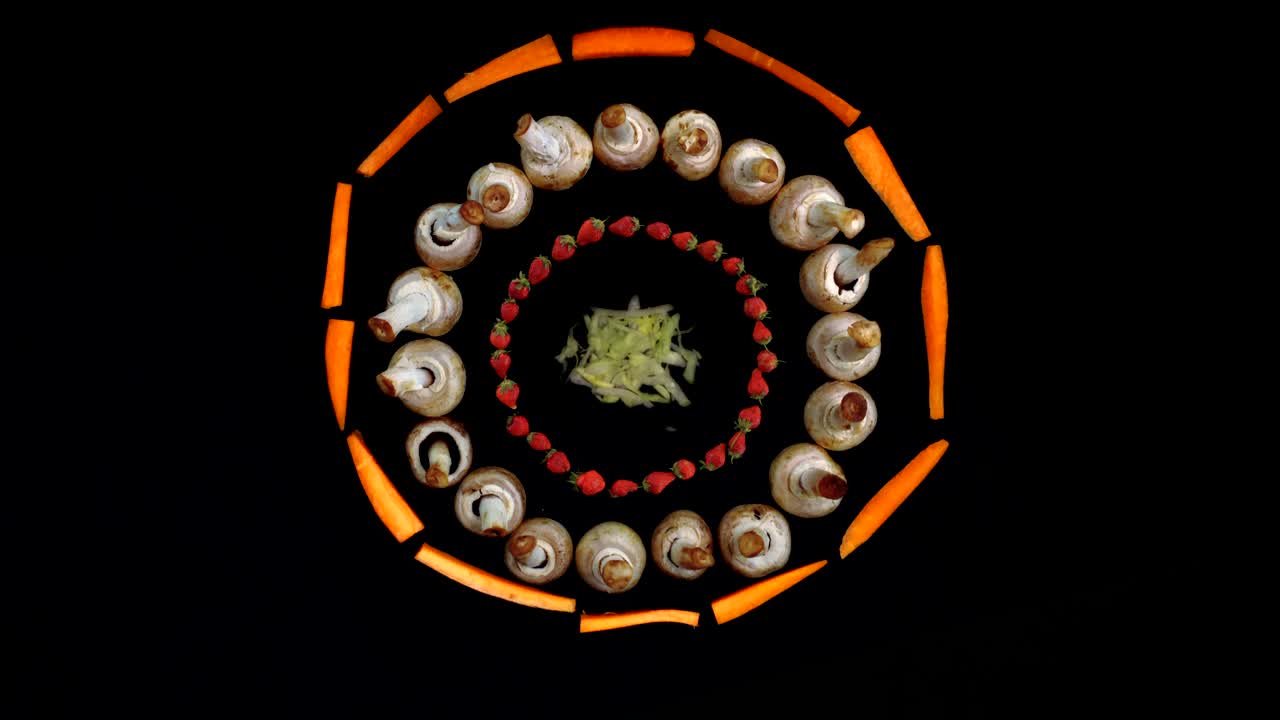 멋진 신선한 과일과 채소 애니메이션 스 모션 배경과 재미있고 멋진 디자인의 과일과 야채로 만든 예술 작품