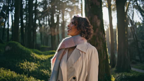 serene woman breathing forest enjoying morning freshness closeup. happy girl
