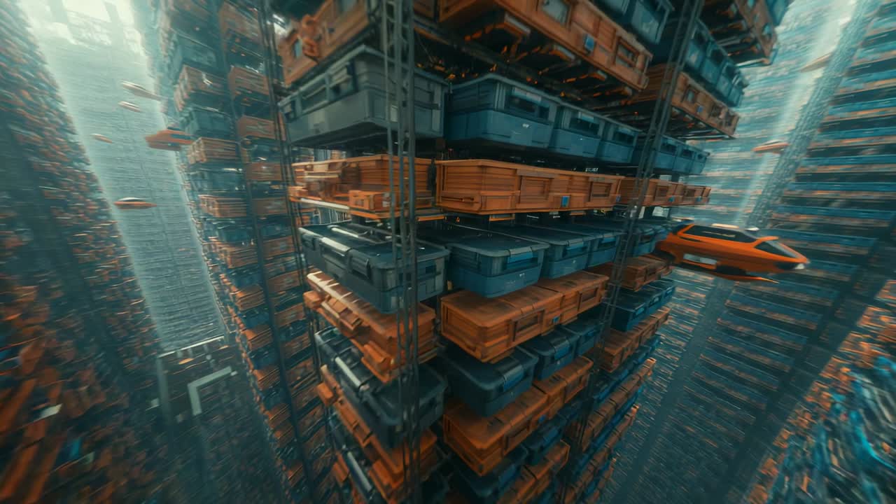 Entering frame, orange flying vehicle scanning slate-blue and orange containers in storage facility