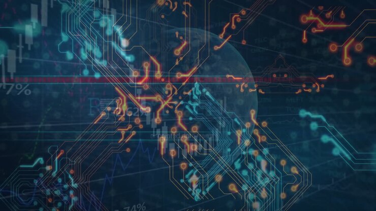Animation of graphs and circuit board pattern over rotating globe against abstract background