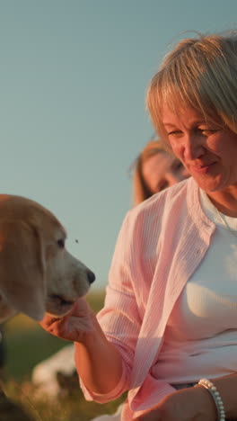 woman feeding dog on leash with slice of watermelon during outdoor picnic, both smiling in warmth of late afternoon sunlight, second woman in background also smiling at adorable
