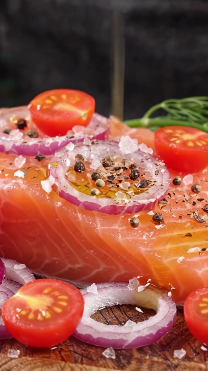 Preparazione di salmone fresco con verdure colorate: un viaggio culinario di taglio e disposizione per un piatto delizioso e vivace.
