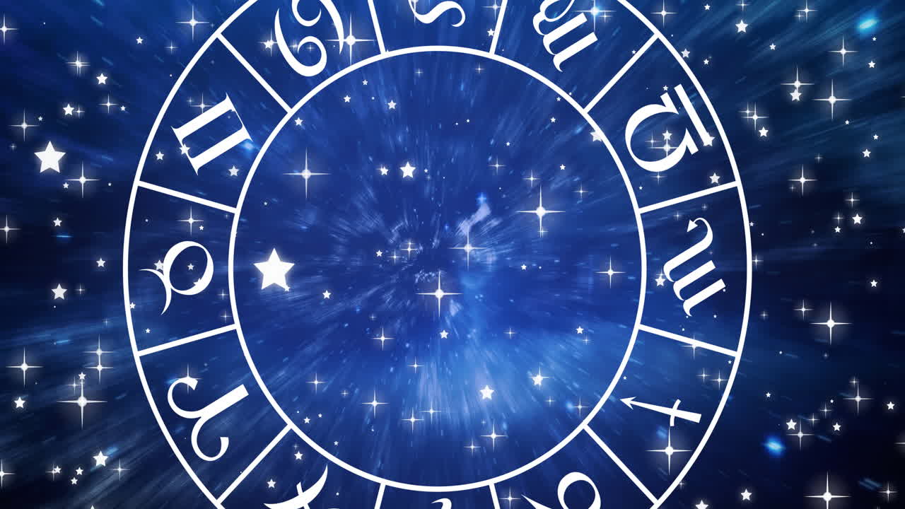 animación de la rueda del signo del zodiaco girando sobre las estrellas en el cielo azul