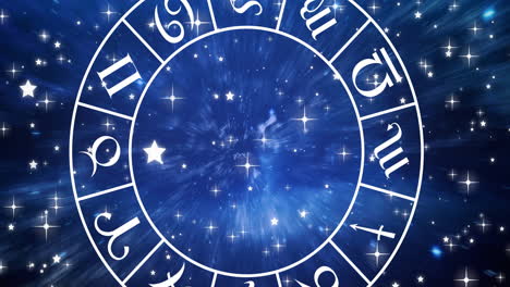 animation of spinning zodiac sign wheel over stars on blue sky