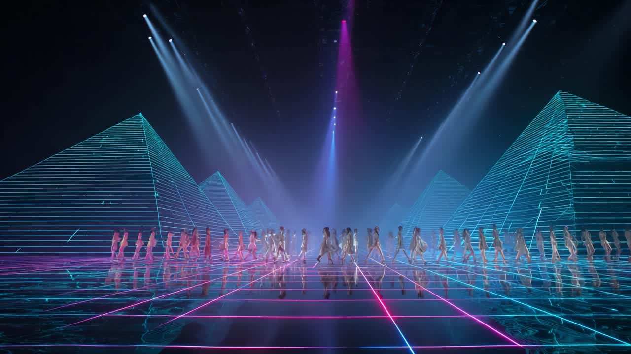 A mesmerizing performance unfolds under vibrant stage lights, showcasing dynamic choreography amidst a stunning visual backdrop of illuminated pyramids and sleek reflective surfaces
