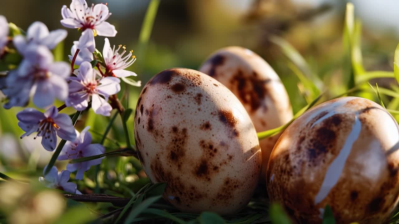 Three speckled eggs rest in grass beside delicate purple blossoms. Sunlight highlights natural textures and colors. Scene evokes springtime, nature's renewal. Ideal for Easter, wildlife