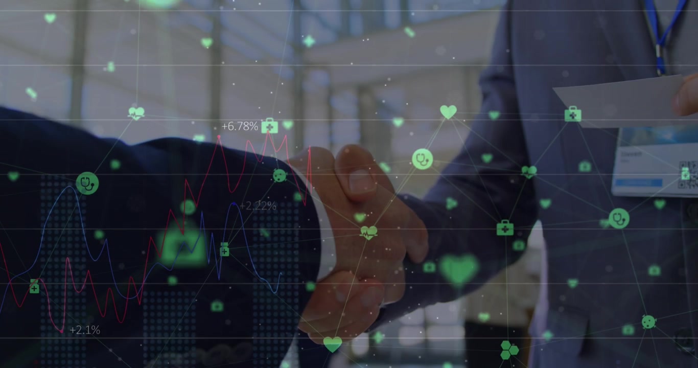 Animazione di una rete di icone digitali sopra la parte centrale di due uomini d'affari che si stringono la mano in ufficio.