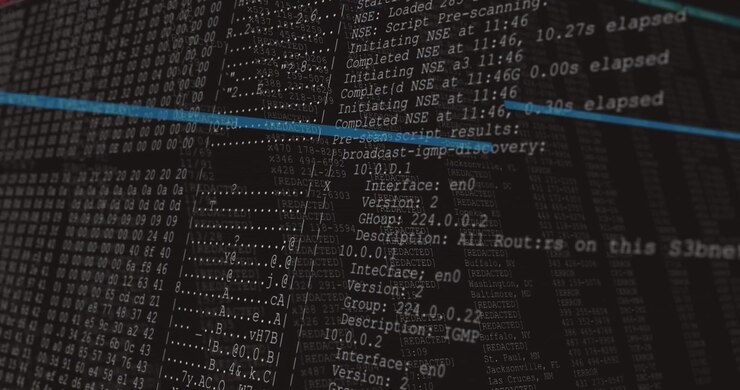 Two black frames resolving, terminal showing scan, camera panning right, blue bars revealing IPs