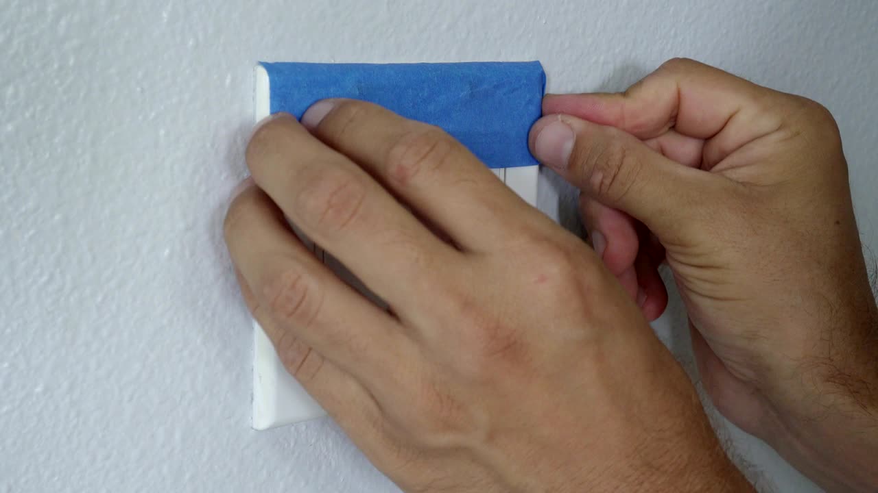 4k, Painter Using Masking Blue Tape to Secure Light Switch. Preparation For Room Painting.
