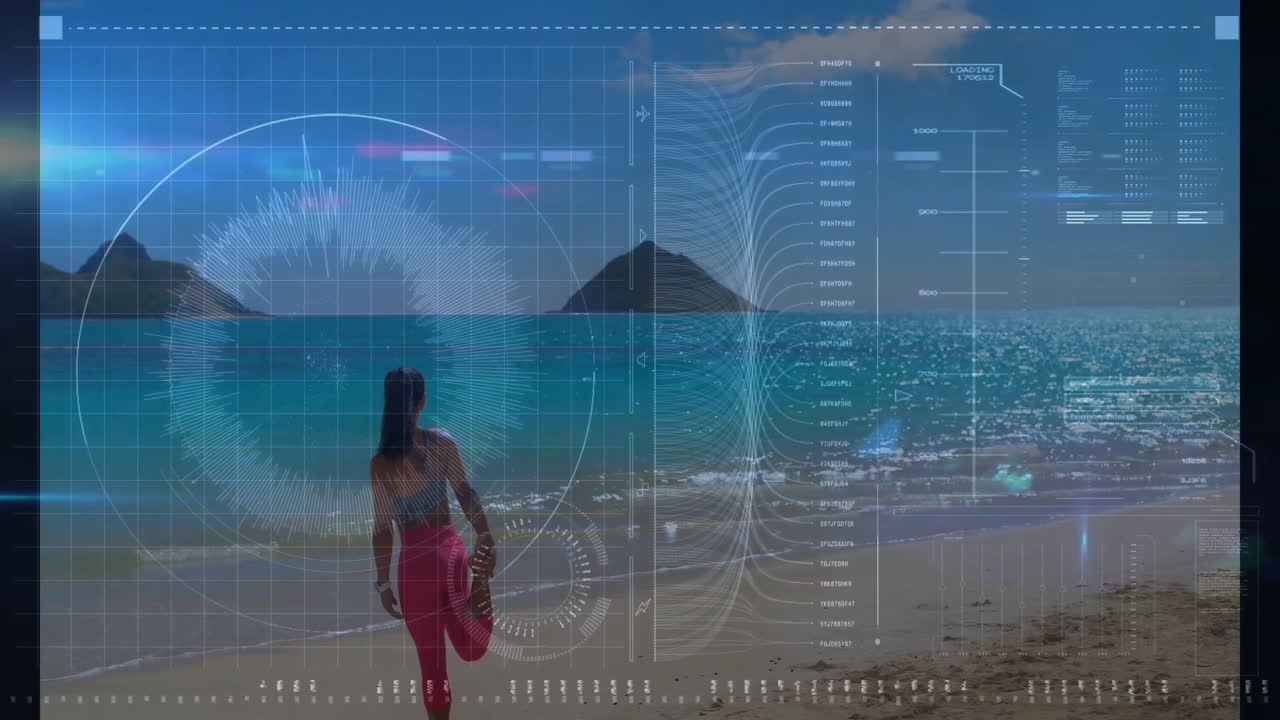 Woman stretching on beach with digital data processing animation overlay