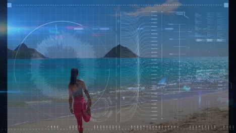 woman stretching on beach with digital data processing animation overlay