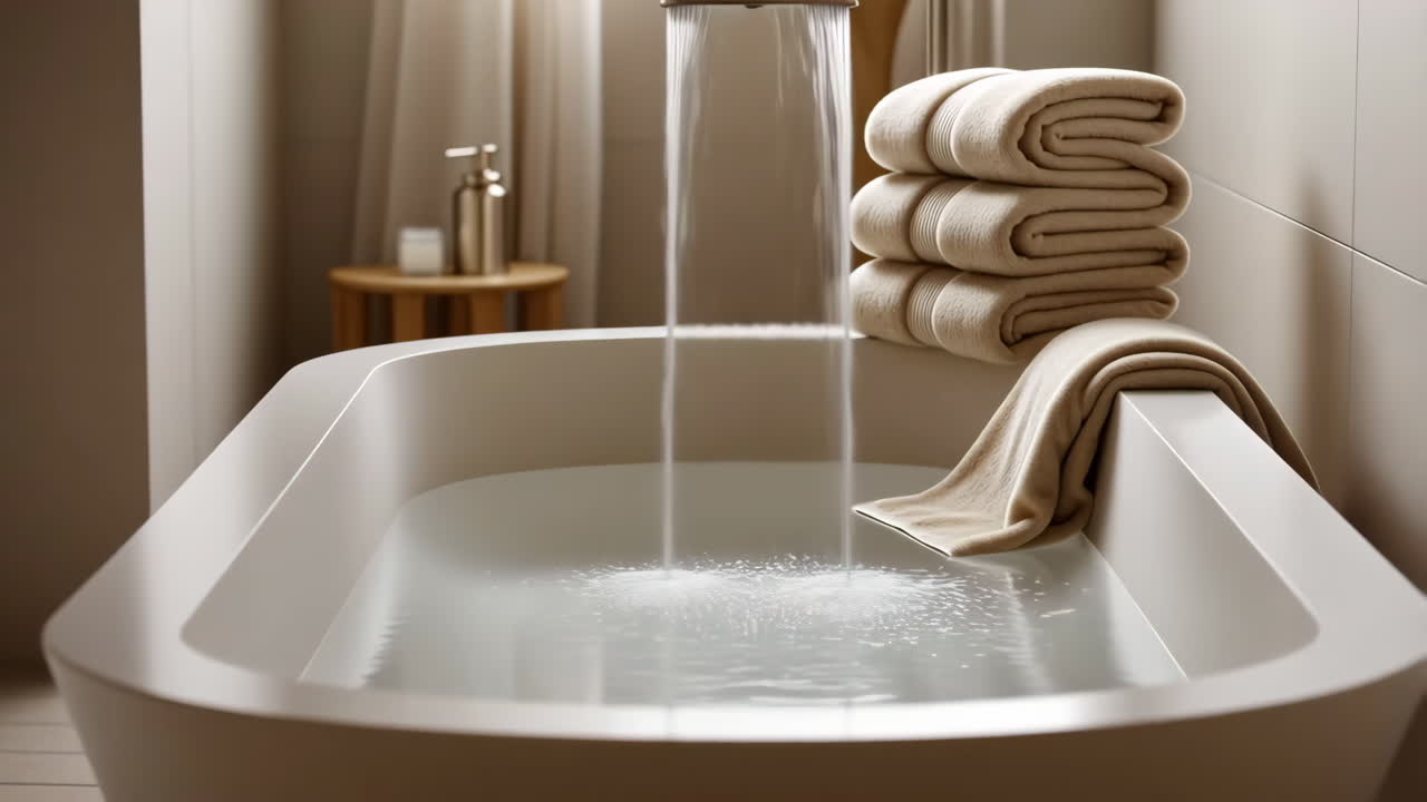 Modern Bathtub Filling with Water and Stacked Towels