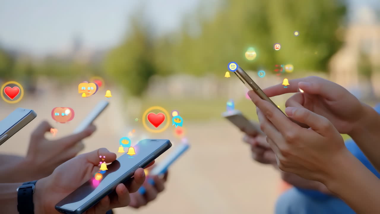 Folk bruger smartphones til interaktioner på sociale medier udendørs