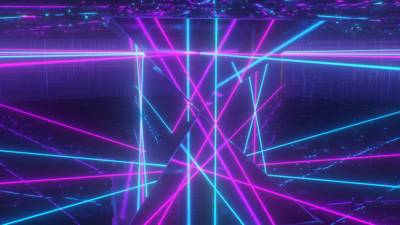 i raggi laser al neon si riflettono sui prismi delle piramidi futuristiche nella stanza di fantascienza - animazione di sfondo a ciclo di movimento 4k senza cuciture