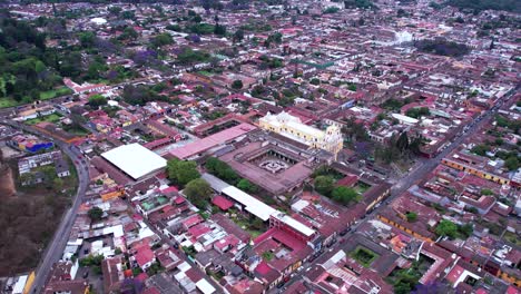 aerial view, iglesia de la merced catholic church and convent and cityscape of antigua guatemala