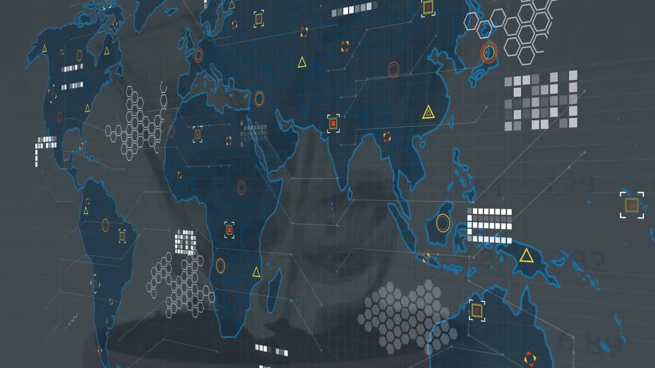 Animation of data processing and world map over banknotes