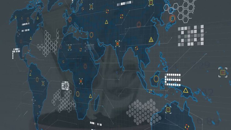 Animation of data processing and world map over banknotes