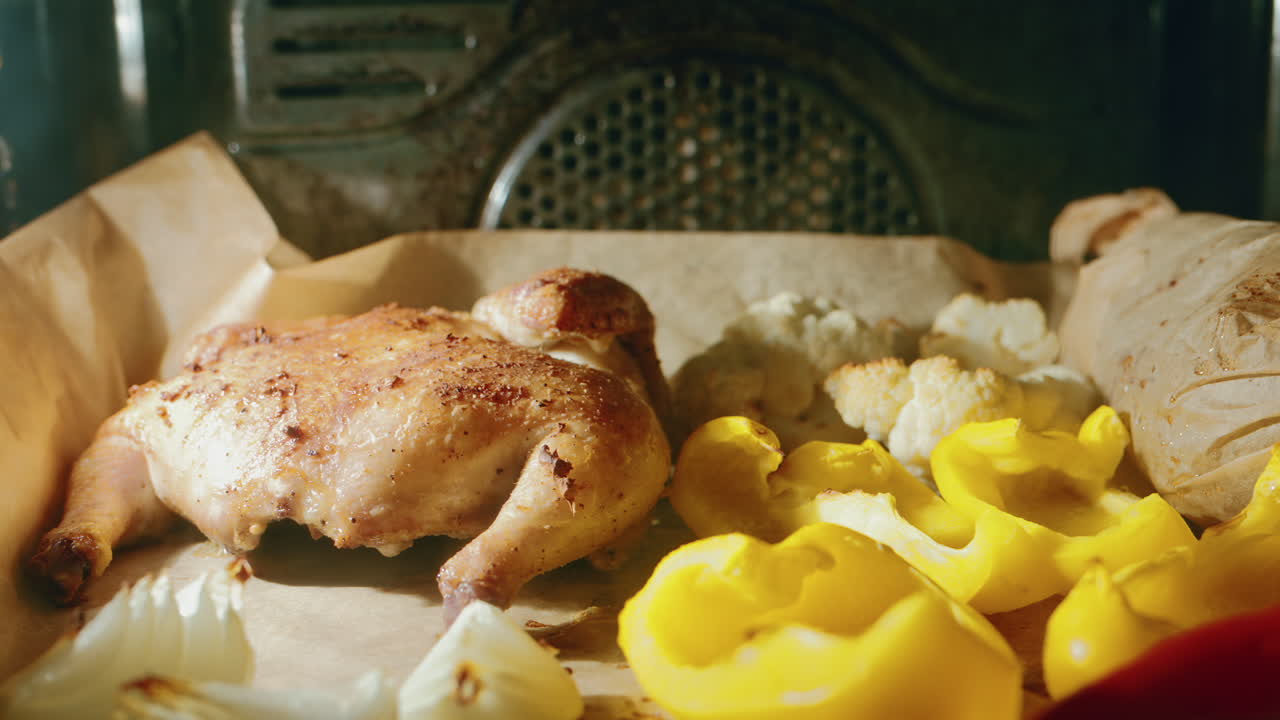 Chicken with fresh vegetables cooking in the electric oven timelapse
