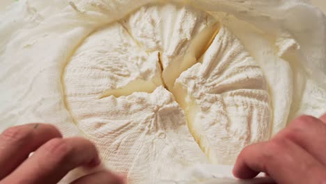 caucasian cheese maker opens bag to establish fresh made white italian ricotta