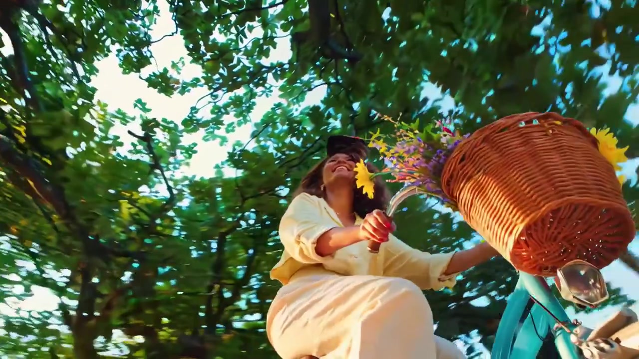 Donna felice in bicicletta con fiori in un parco soleggiato