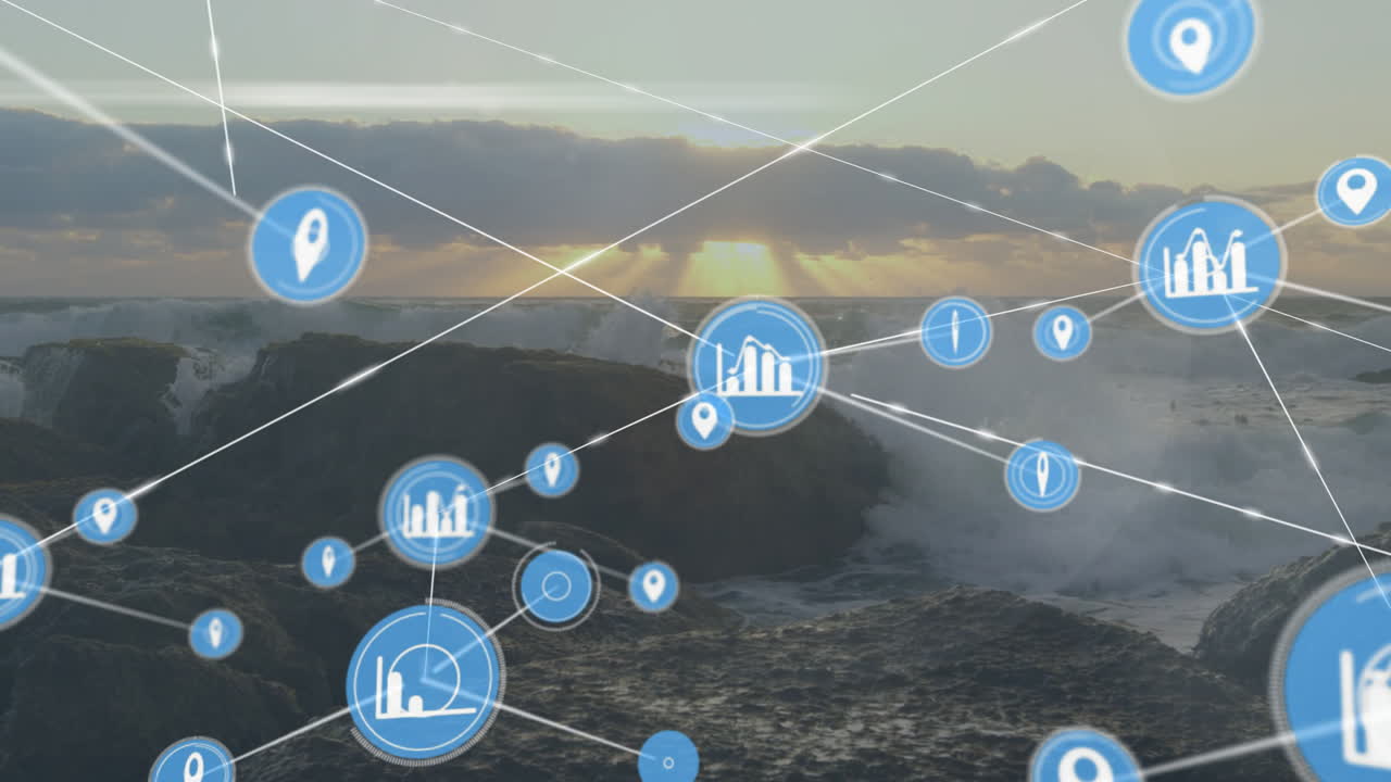 Animation of data and location icons over ocean waves at sunset