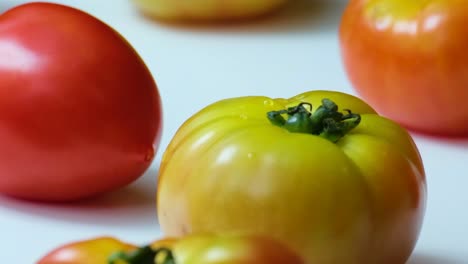 disparo de cerca de una variedad de tomates rojos y amarillos colocados en una superficie blanca