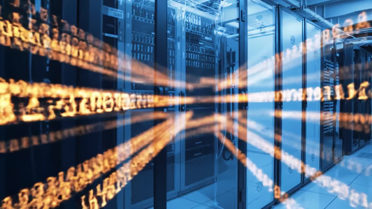 A vibrant display of data transfer occurring through server rooms, illustrating the rapid exchange of information in a tech facility. Bright light effects highlight the connections.