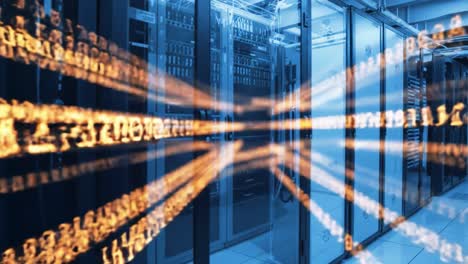 a vibrant display of data transfer occurring through server rooms, illustrating the rapid exchange of information in a tech facility. bright light effects highlight the connections.