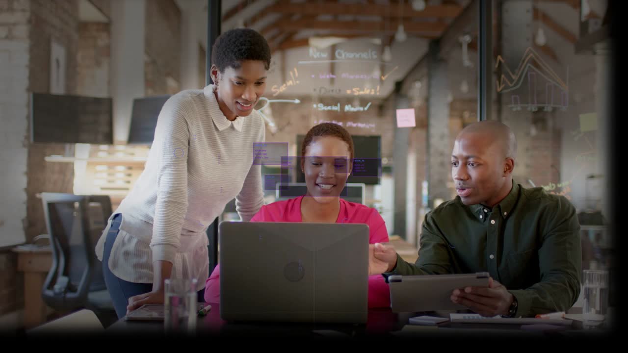 Team of 3 reacting to purple UI appearing, typing laptop, pointing and closing business prototype